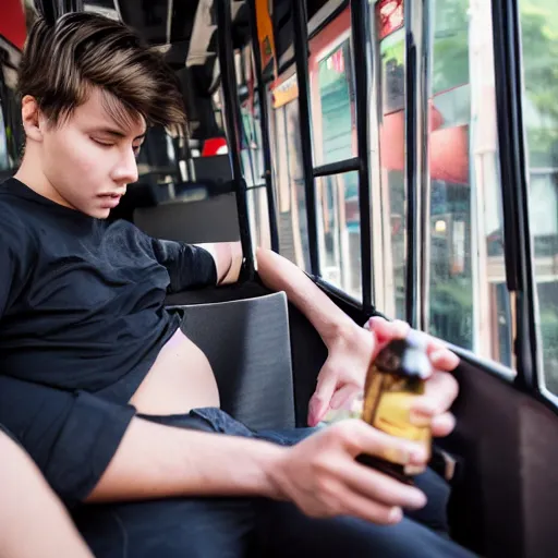 Image similar to a tired young university student in a black shirt with slick hair and round face is riding in a crowded bus. student is holding a bottle of dark beer and is looking at his smartphone. professional photo, 4 k, bokeh, 5 0 mm