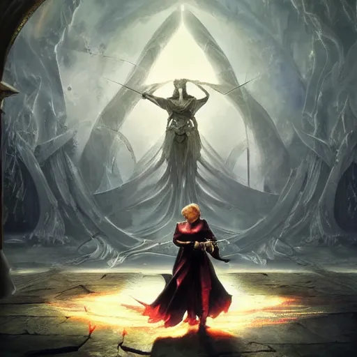 Image similar to Angela Merkel casting epic spell, magic the gathering artwork, D&D, fantasy, cinematic lighting, centered, symmetrical, highly detailed, digital painting, artstation, concept art, smooth, sharp focus, illustration, volumetric lighting, epic Composition, 8k, art by Akihiko Yoshida and Greg Rutkowski and Craig Mullins, heroic pose, oil painting, cgsociety, magic lab background