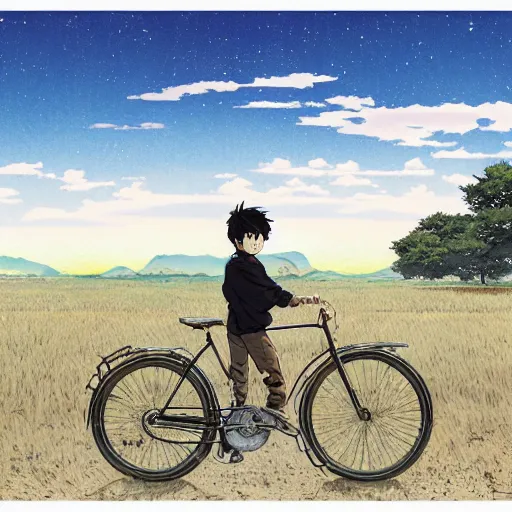 Image similar to a boy riding his bike through the plains of rural japan, high intricate details, rule of thirds, golden ratio, cinematic light, anime style, graphic novel by fiona staples and dustin nguyen, by beaststars and orange, peter elson, alan bean, studio ghibli, makoto shinkai