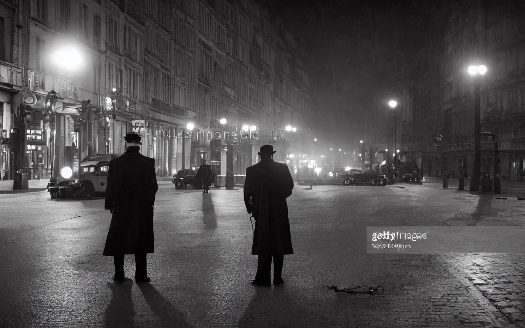 Prompt: One man in a trenchcoat shooting at a lovecraftian shadow monster with a ruby pistol in an early 20th century parisian street at night. Two cars are drifting around the monster with their lights on. Paris' Gare du Nord train station is visible in the background. 4k, dynamic, pulp, studio lighting, cinematic composition, HDR, very low angle shot, (fish eye).