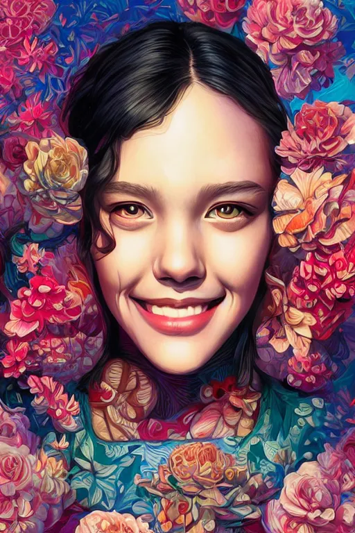 Prompt: a beautiful young girl smiling, Tristan Eaton, victo ngai, artgerm, RHADS, ross draws