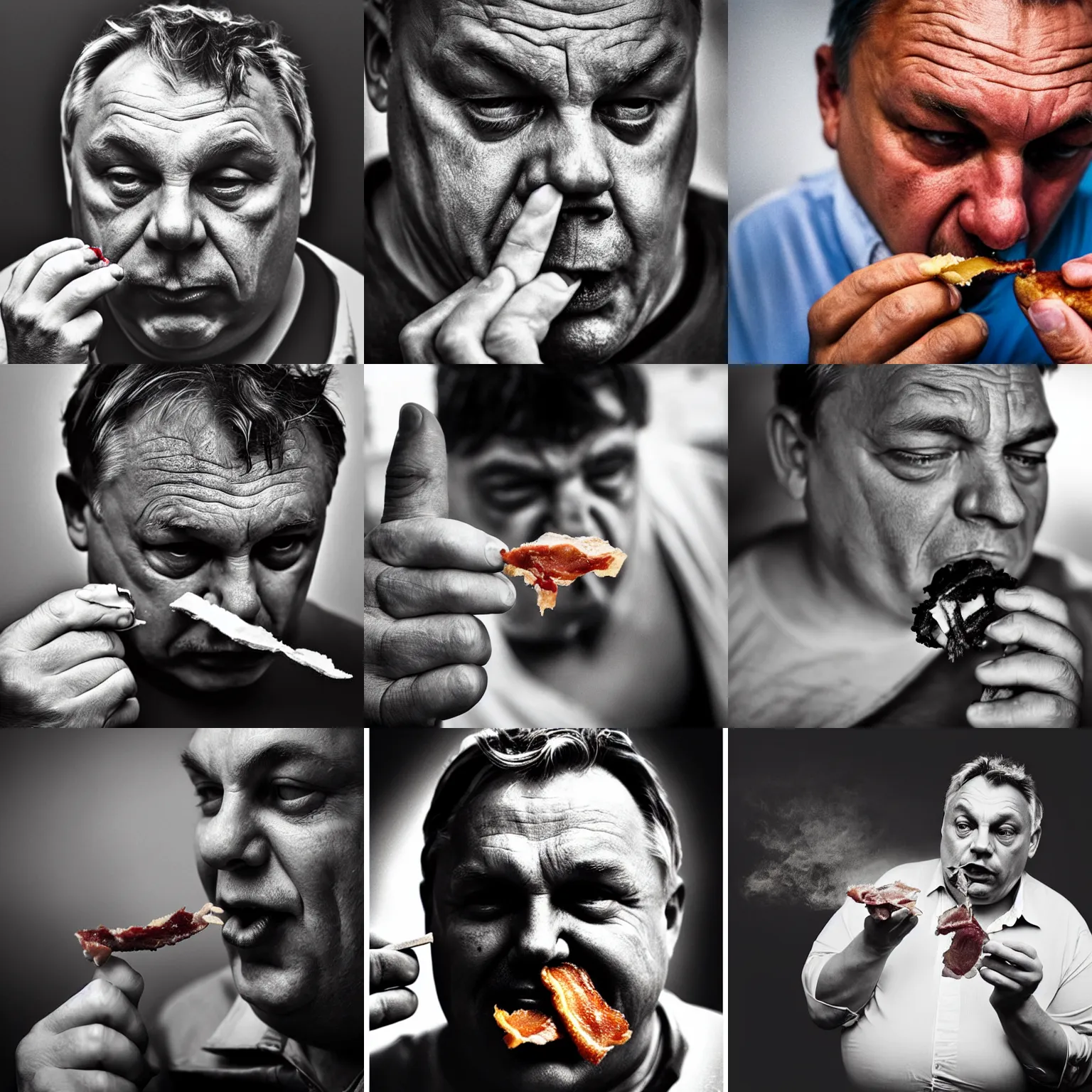 Prompt: photo of fat viktor orban eating a piece of bacon by lee jeffries