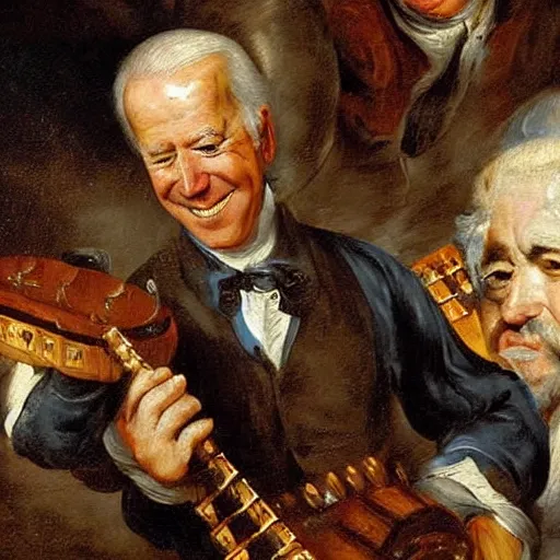 Image similar to Oil painting of Joe Biden playing the Hurdy Gurdy at a fantasy tavern, by Peter Paul Rubens