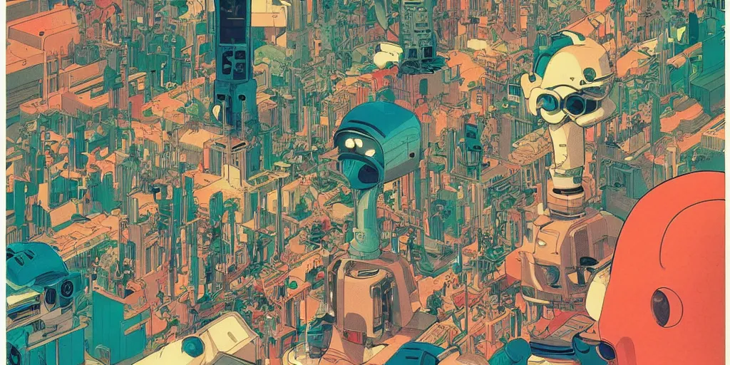 Prompt: gigantic robotic drones with lasers with human faces catch tiny robots, a lot of exotic plants around, human heads everywhere, risograph by satoshi kon and moebius, no text!, colorful flat surreal design, super - detailed, a lot of tiny details, fullshot