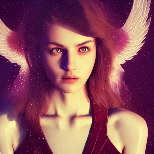Image similar to portrait art of female angel, art by alessio albi 8 k ultra realistic, angel wings, lens flare, atmosphere, glow, detailed, intricate, full of colour, led lighting, trending on artstation, 4 k, hyperrealistic, focused, extreme details, unreal engine 5, masterpiece