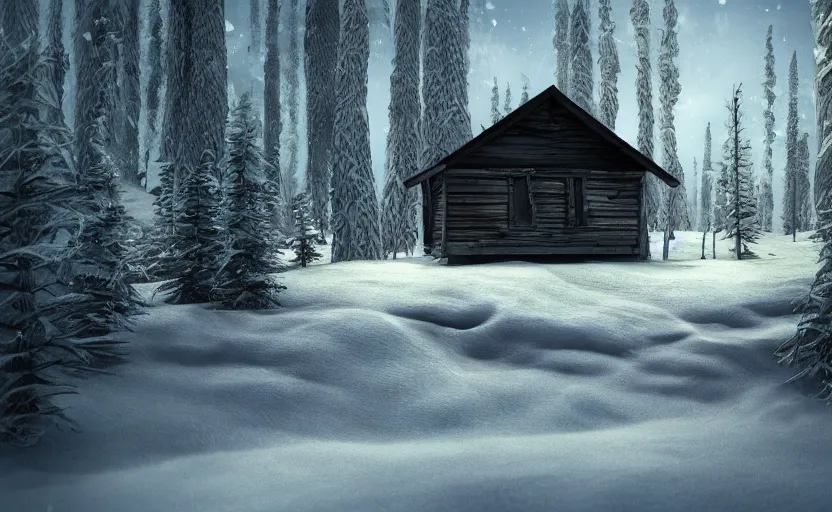 Image similar to A abandoned wooden hut in a winter forest environment concept, northern lights, horror game, artstation