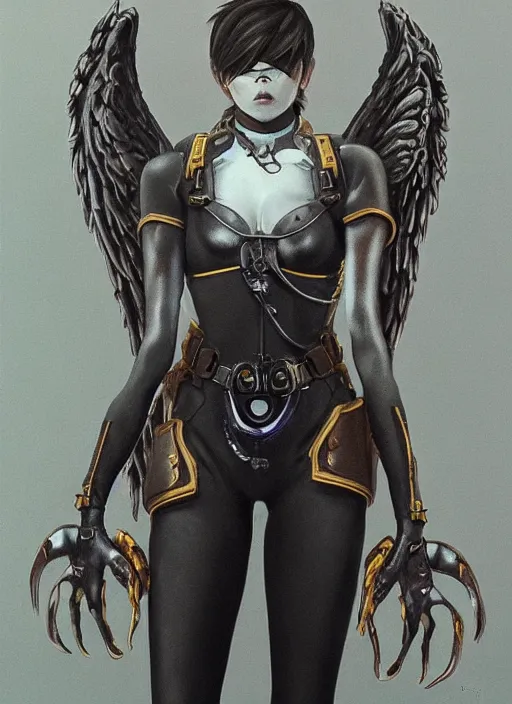 Image similar to full body artwork of tracer overwatch wearing leather collar in style of zdzisław beksinski, angel wings, dramatic painting, symmetrical composition, wearing detailed leather collar, black shiny armor, chains, black harness, detailed face and eyes,