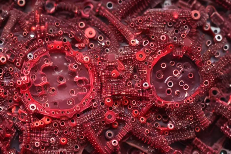 Image similar to a thin layer of translucent dark red film covering cluster of human skin cells made from tiny gears and machine parts, hyper realistic