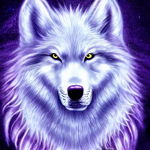 Prompt: luminescent white purple cyan gradient detailed airbrush painting of long haired spirit wolf