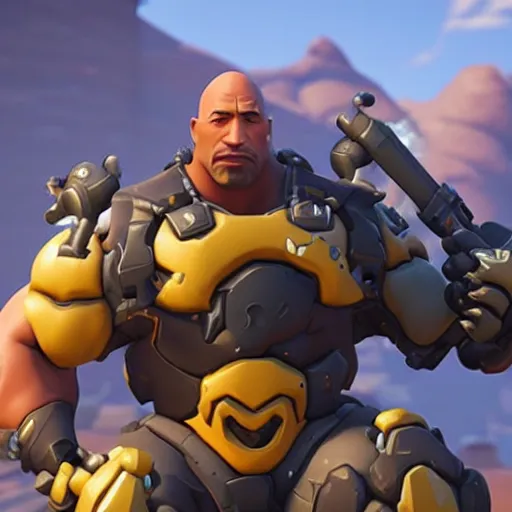 Image similar to screenshot from overwatch dwayne the rock johnson as a fortnite character