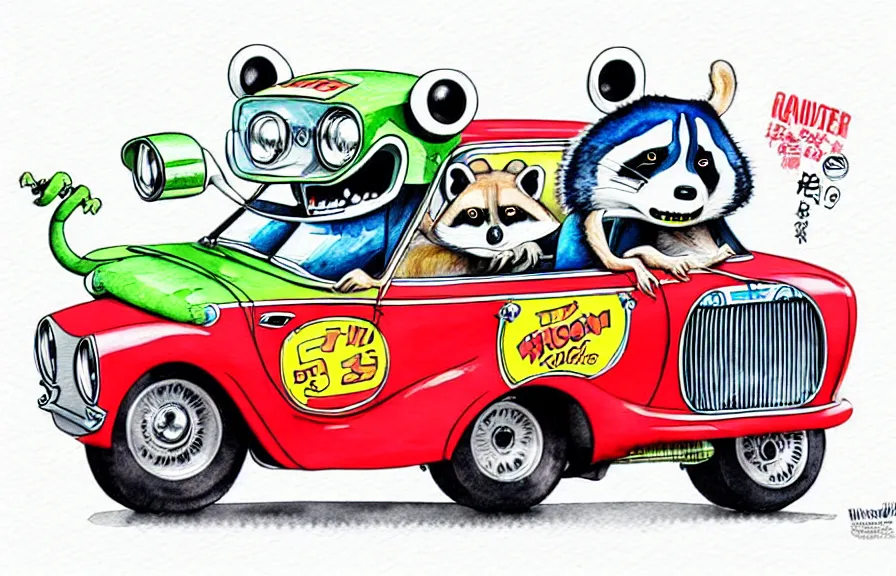 Image similar to cute and funny, racoon riding in a tiny hot rod coupe with oversized engine, ratfink style by ed roth, centered award winning watercolor pen illustration, isometric illustration by chihiro iwasaki, edited by range murata