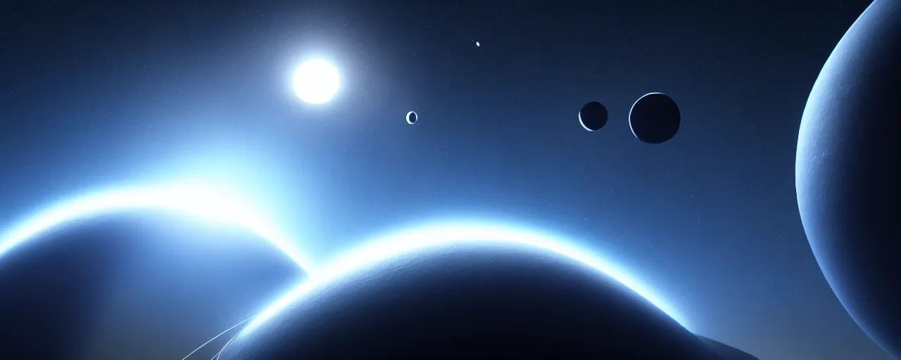 Image similar to minimalist cinematic scifi render of atmospheric space, planet and moon, nebula, homeworld skies, volumetric lighting, 4 k, 8 k, hd