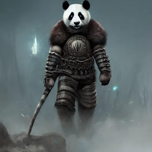 Image similar to warrior panda in armor, eerie, intricate, highly detailed, sorrow, dramatic, emotional, proud, matte painting, award - winning art, trending on artstation, digital art, 8 k
