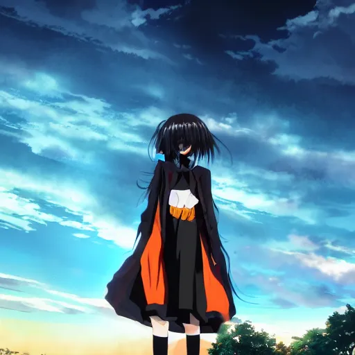 Image similar to 1 7 - year - old anime goth girl, black hair, long bob cut, long bangs, gothic coat, golden hour, partly cloudy sky, red clouds, orange sky, old town, strong lighting, strong shadows, vivid hues, ultra - realistic, sharp details, subsurface scattering, intricate details, hd anime, 2 0 1 9 anime