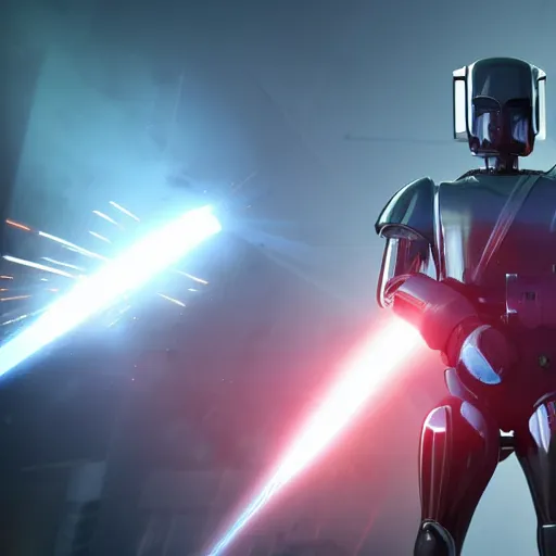 Prompt: british royal guard androids firing lasers, futuristic look, highly detailed body, very powerful, photorealistic camera shot, crisp quality and light reflections, unreal engine 5 quality render