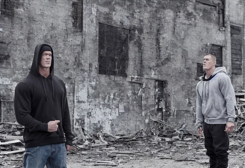 Prompt: john cena with a gray cap and a gray hoodie with the hood on. He's in a rap battle at an abandoned warehouse. A big crowd of people is watching. Lose yourself by eminem music video.