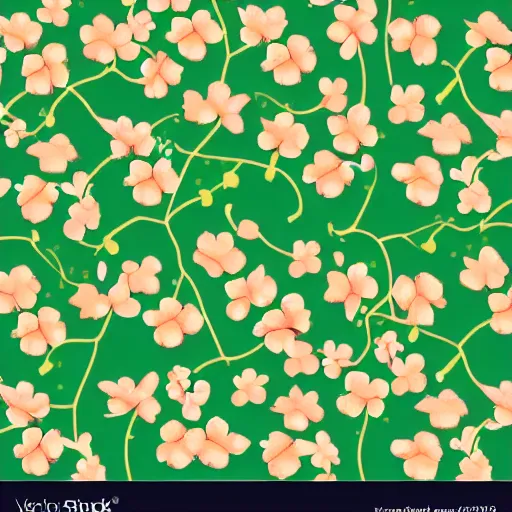 Image similar to repeating fabric pattern, minimalistic, miniature tiny peach color flowers, green vines and leaves