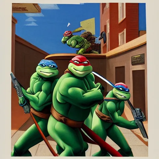 Image similar to teenage mutant ninja turtles inside of a blockbuster painted by edward hopper
