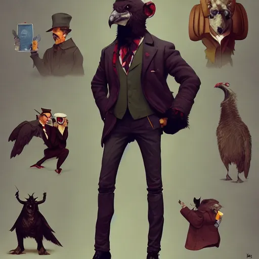 Prompt: Sherlock Detective Anthropomorphic furry fashion vogue Vulture man man wearing a Buzzard costume wearing a hobo costume ripped physique gerald brom bastien grivet greg rutkowski norman rockwell portrait face head beak eyes