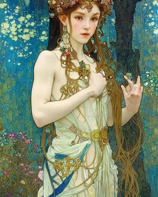 Image similar to an elf princess by Ross Tran, Alphonse Mucha, Gustav Klimt and edgar maxence