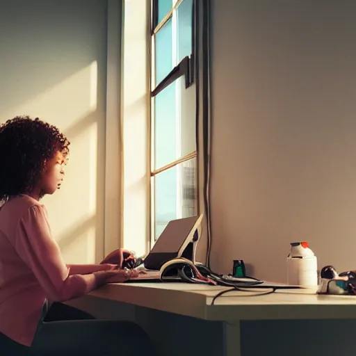 Image similar to woman building electrical wiring on desk, soft lighting, matte painting, curly hair