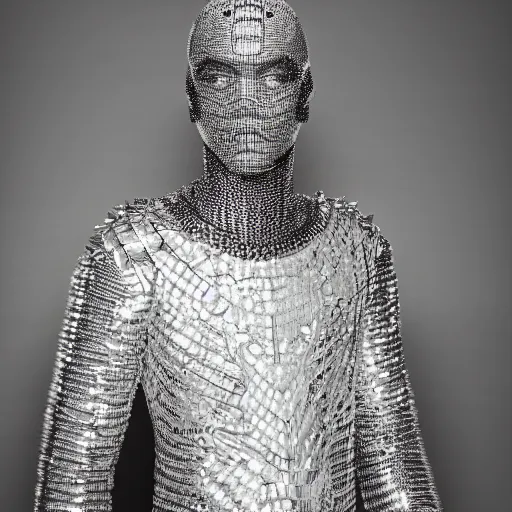 Image similar to a portrait of a beautiful young male wearing an alexander mcqueen armor made of holographic lace , photographed by andrew thomas huang, artistic