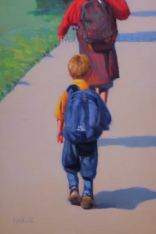 Prompt: little boy walking to school, morning, oil painting,