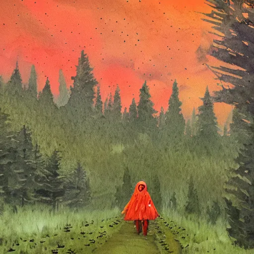 Image similar to Little Orange Riding Hood wear a dress in the valley, dark ambient beautiful, neoplasticism, 8k resolution, road into the forest with a lake, watercolor, detailed painting, trending on Artstation