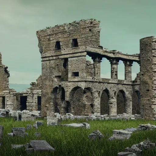 Image similar to the ancient ruined stone architecture of an ancient castle, large rounded stone buildings surrounded by columns, some with roofs that have fallen in, others are leaning to one side or another, debris strewn across the landscape, it seems as though something catastrophic happened here long ago, epic scale, cinematic, CG rendering