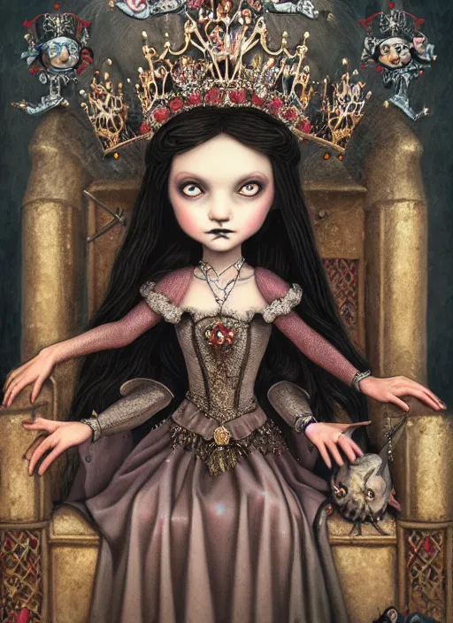 Prompt: highly detailed closeup portrait of a goth fairytale medieval princess wearing a crown and sitting on a throne, surrounded by cute medieval goblins, unreal engine, nicoletta ceccoli, mark ryden, earl norem, lostfish, global illumination, god rays, detailed and intricate environment