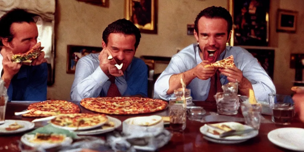 Image similar to color film of joe biden eating pizza in an italian restaurant 1 9 9 4 im the film of forest gump, grinning, close up, detailed