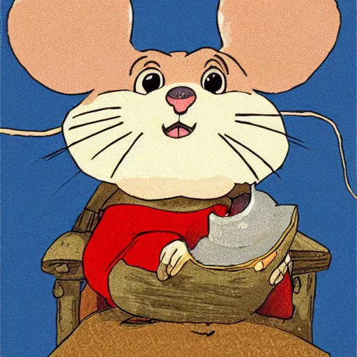 Image similar to an anthropomorphic mouse dressed in medieval clothing sitting is a big cozy armchair, studio ghibli, warm lighting, sitting by a small fireplace