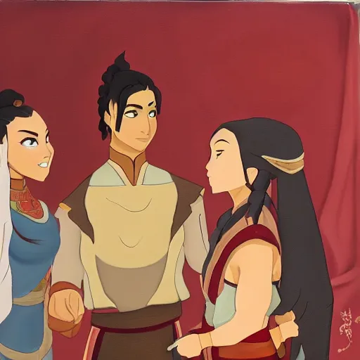 Prompt: oil painting of the wedding of fire lord zuko and katara in the fire nation, studio mir, oil painting