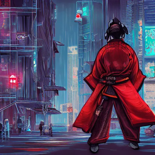 Prompt: A mouse as a samurai in a cyberpunk city, digital art