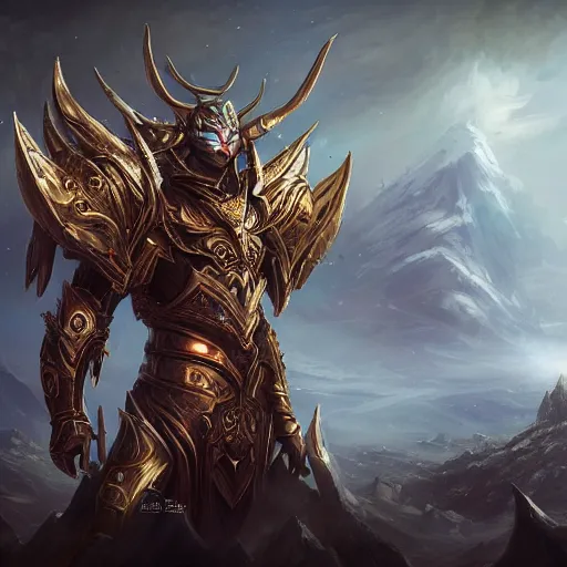 Prompt: dark fantasy concept of a celestial god, with cosmic armor on a mountain, cinematic, dynamic lighting, photorealistic, ultra detailed, trending on art station, stunning visuals, creative, hyper detailed