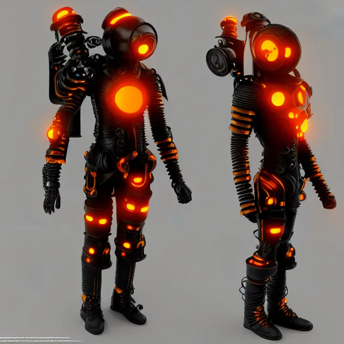 Prompt: a character in a futuristic room, black and orange steampunk armor, highly detailed, render, vray, octane, realistic lighting