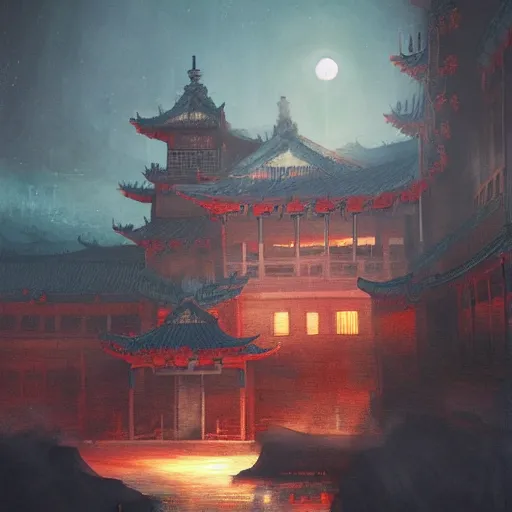 Prompt: a chinese prison at night lit by the stars, wispy smoke, highly detailed, very intricate, symmetrical, cinematic lighting, award - winning, painted by mandy jurgens, peter doig, dystopian, bold colors, dark vibes, anime aesthetic, featured on artstation