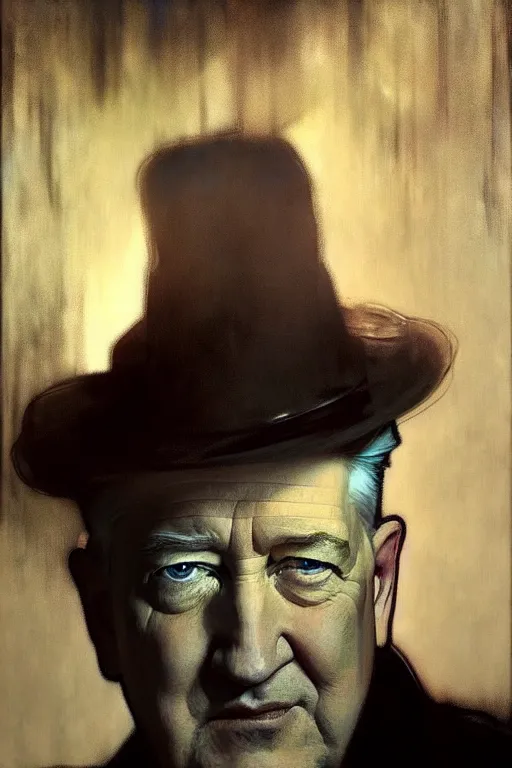 Prompt: hyperrealist portrait of david lynch by jeremy mann and alphonse mucha, fantasy art, photo realistic, dynamic lighting, artstation, poster, volumetric lighting, very detailed faces, 4 k, award winning