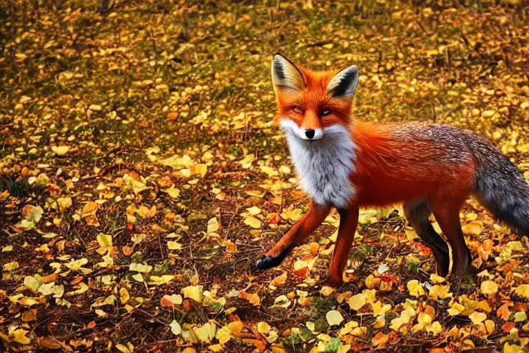 Prompt: A wild fox wandering amongst the falling autumn leaves of the forest it calls home