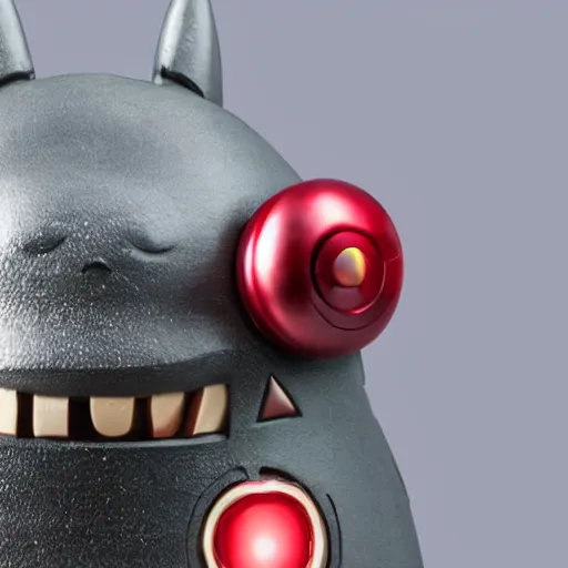 Prompt: Totoro as iron man, lit eyes, product photo, studio lighting