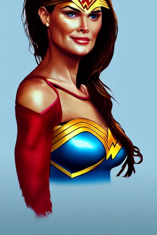 Image similar to portrait of a mix of beautiful young maria shriver, mariel hemmingway, brooke shields and elle macpherson as wonderwoman, thin lips, hair tied up in a pony tail, colorful artstation, cgsociety