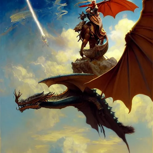 Image similar to stunning male master wizard flying with a dragon, highly detailed painting by gaston bussiere, craig mullins, j. c. leyendecker, 8 k