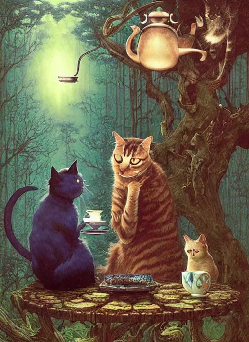 Image similar to cat having tea with a sorceress at a shrine in the woods gorgeous lighting, lush forest foliage blue sky a hyper realistic painting by chiara bautista and beksinski and norman rockwell and greg rutkowski weta studio, and lucasfilm