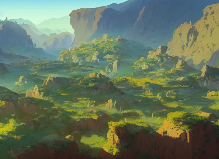 Prompt: concept art painting of a distant village in a valley seen from above, early morning, cel shaded, by makoto shinkai and moebius and anton fadeev and james gurney