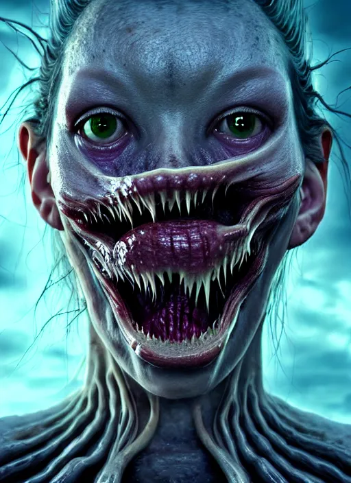 Image similar to an ugly monsterish horrifying slimy scottish female photo, professionally, soft lighting, realistic, sharp focus on eyes, 8 k, high definition, insanely detailed, intricate, elegant, art by artgerm and junji ito. science fiction movie wide screen still from action scene.