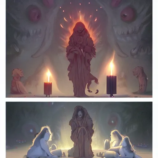 Image similar to acolytes using demonic candle lit summoning circle to summon a puppy by magali villeneuve and by wlop