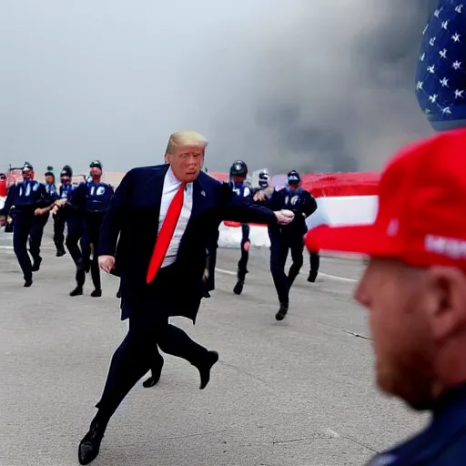 Image similar to donald trump running from policemen that are chasing him behind him, helicopters and explosions in the background