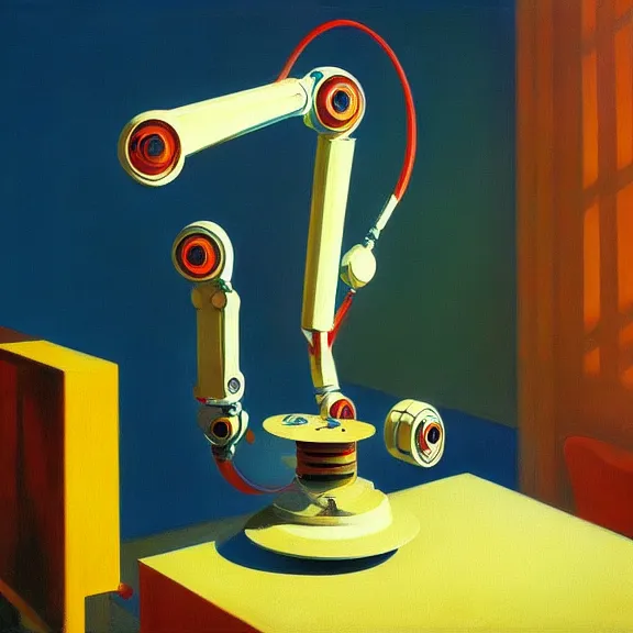 Image similar to beautiful illustration of a robotic arm painting an artwork on a canvas with a paintbrush by Edward Hopper, clean lines, very detailed, colorful octane render