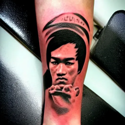 Prompt: a tattoo of a caricature of Bruce Lee