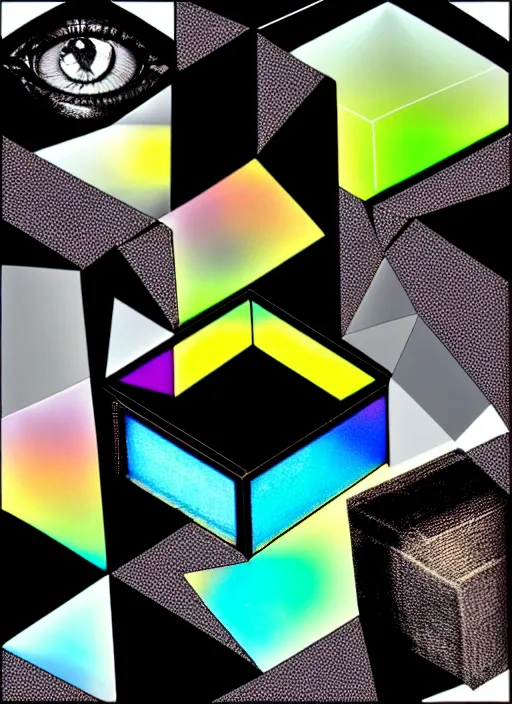 Image similar to grid montage of optica with cube shaped lens, square shaped black dilated pupils cubes, cube shaped, detailed colored textures, lashes, advanced art, art styles mix, wet reflections in square eyecubes, sunshine light, hd macro photograph, from side, various cube eyelid positions